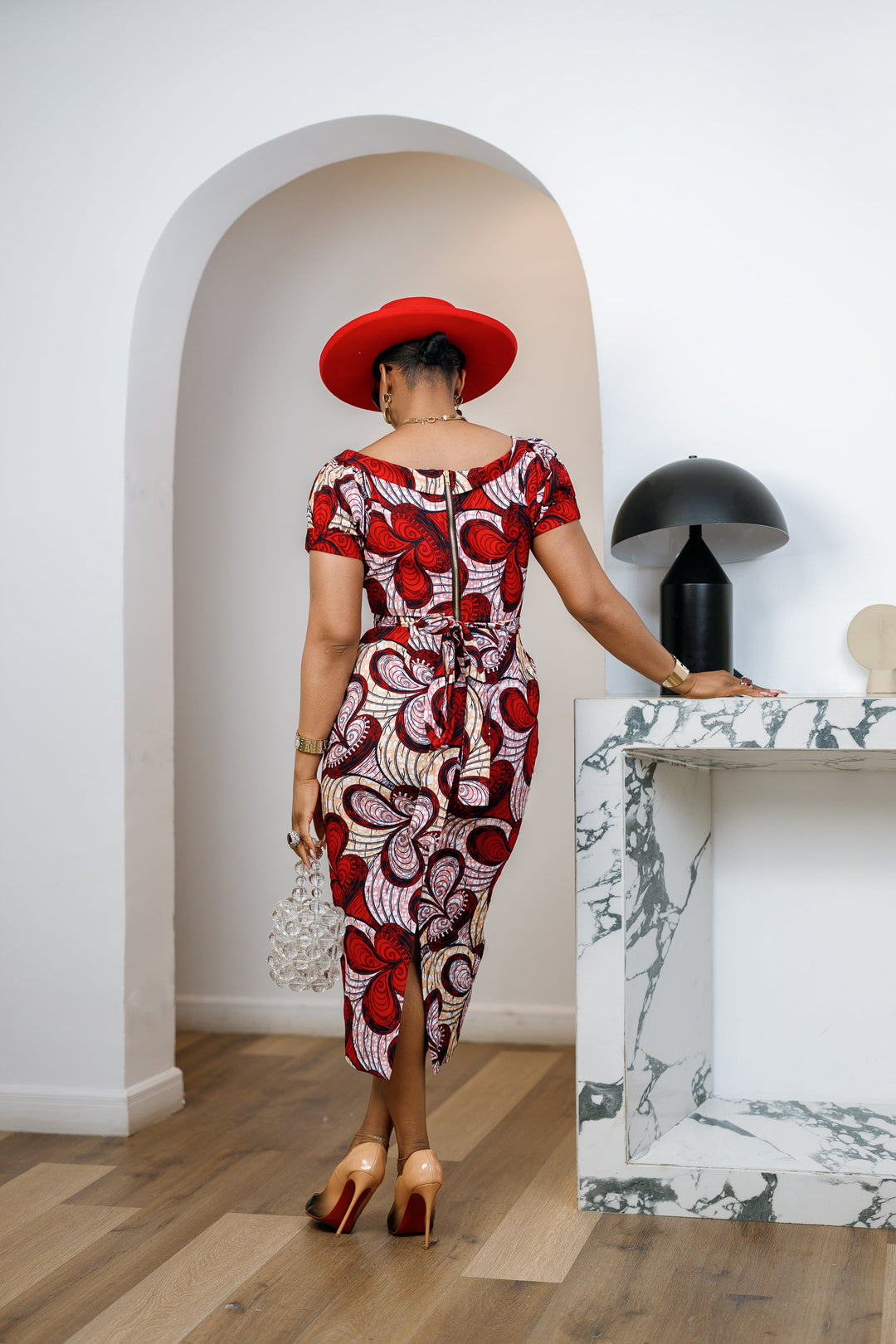 IDIA AFRICAN PRINT V-NECK PUFF SLEEVE MIDI DRESS [RED]