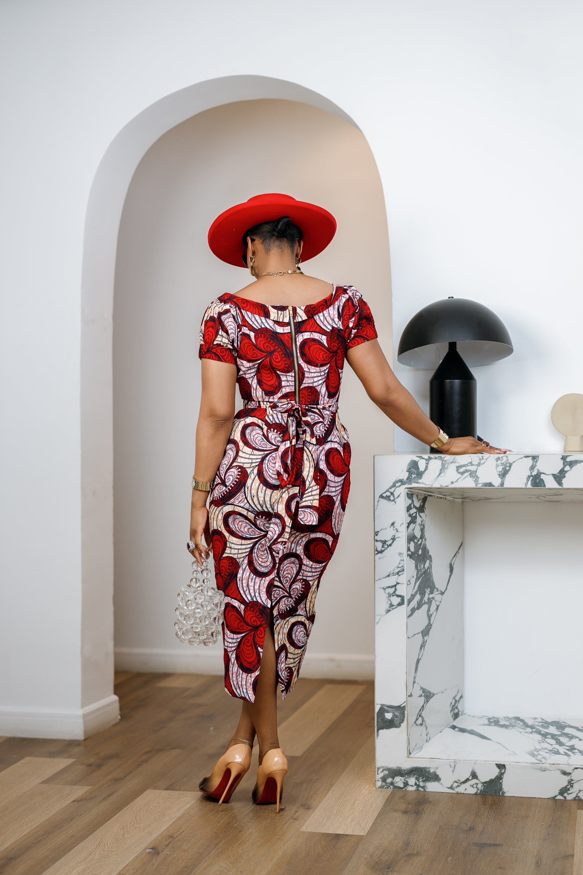 IDIA AFRICAN PRINT V-NECK PUFF SLEEVE MIDI DRESS [RED]