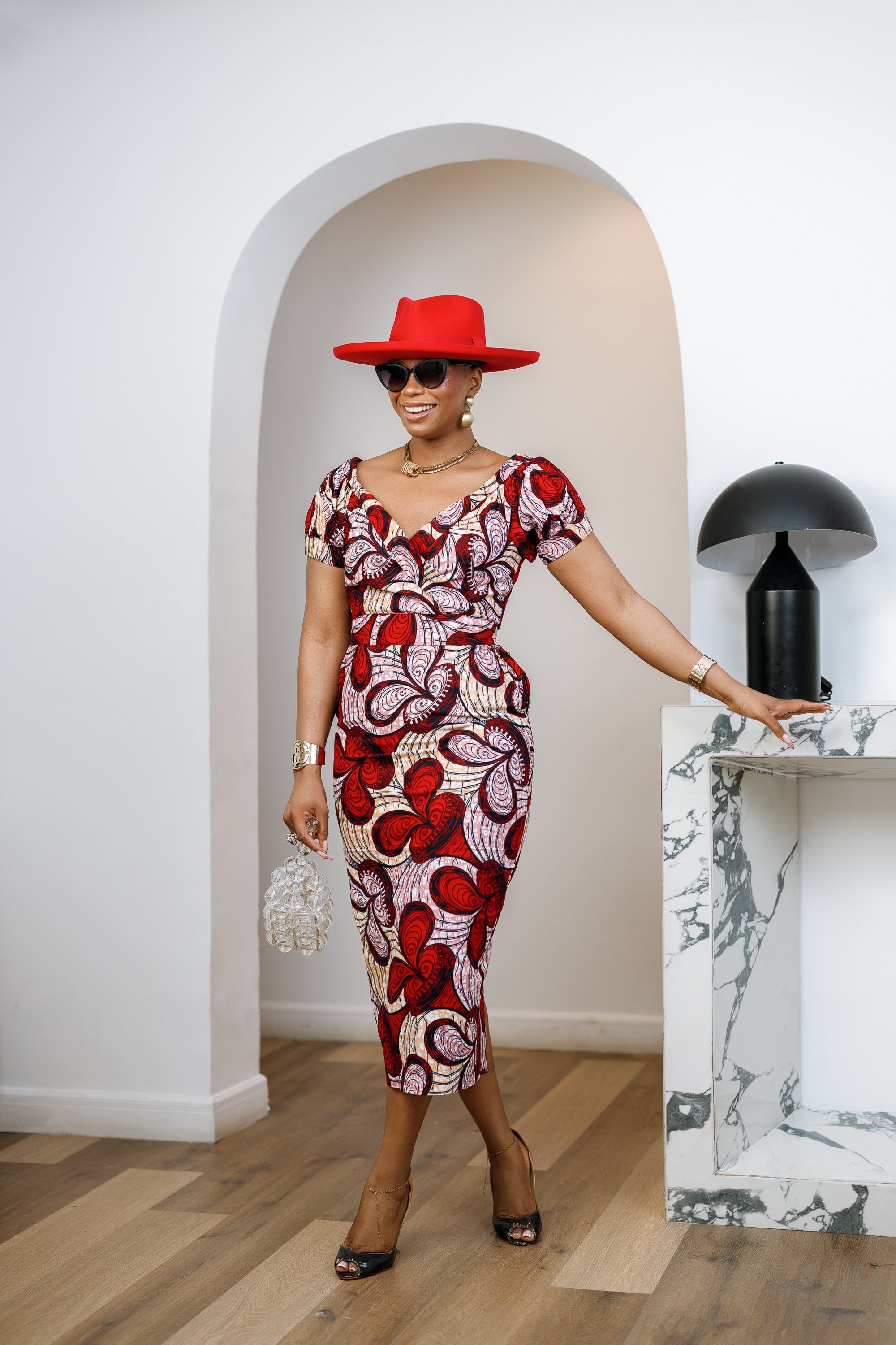 IDIA AFRICAN PRINT V-NECK PUFF SLEEVE MIDI DRESS [RED]