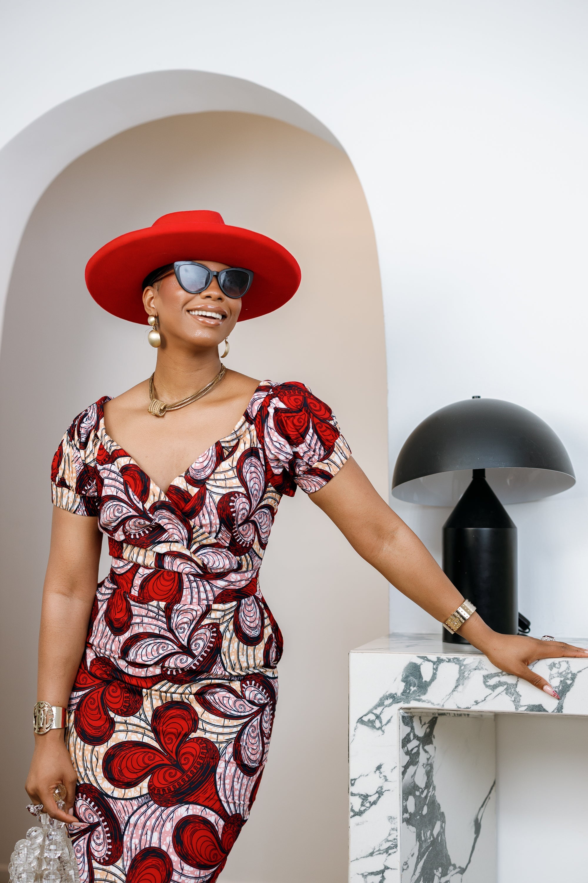 IDIA AFRICAN PRINT V-NECK PUFF SLEEVE MIDI DRESS [RED]