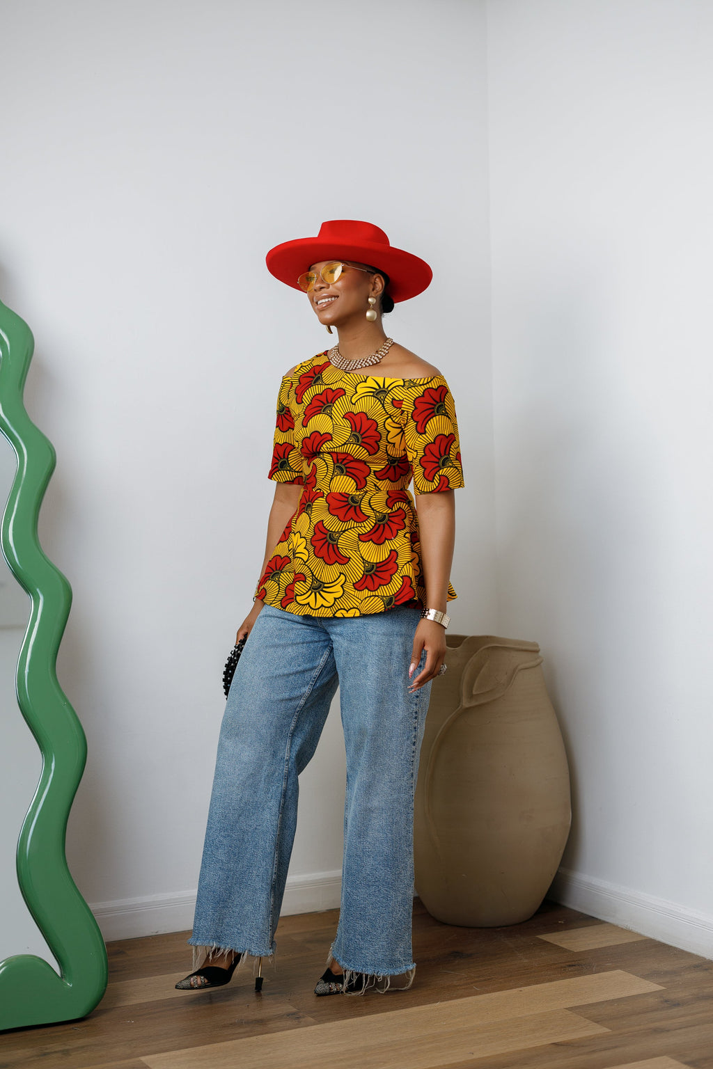 IMARA AFRICAN PRINT ASYMMETRIC PEPLUM TOP [ORANGE]