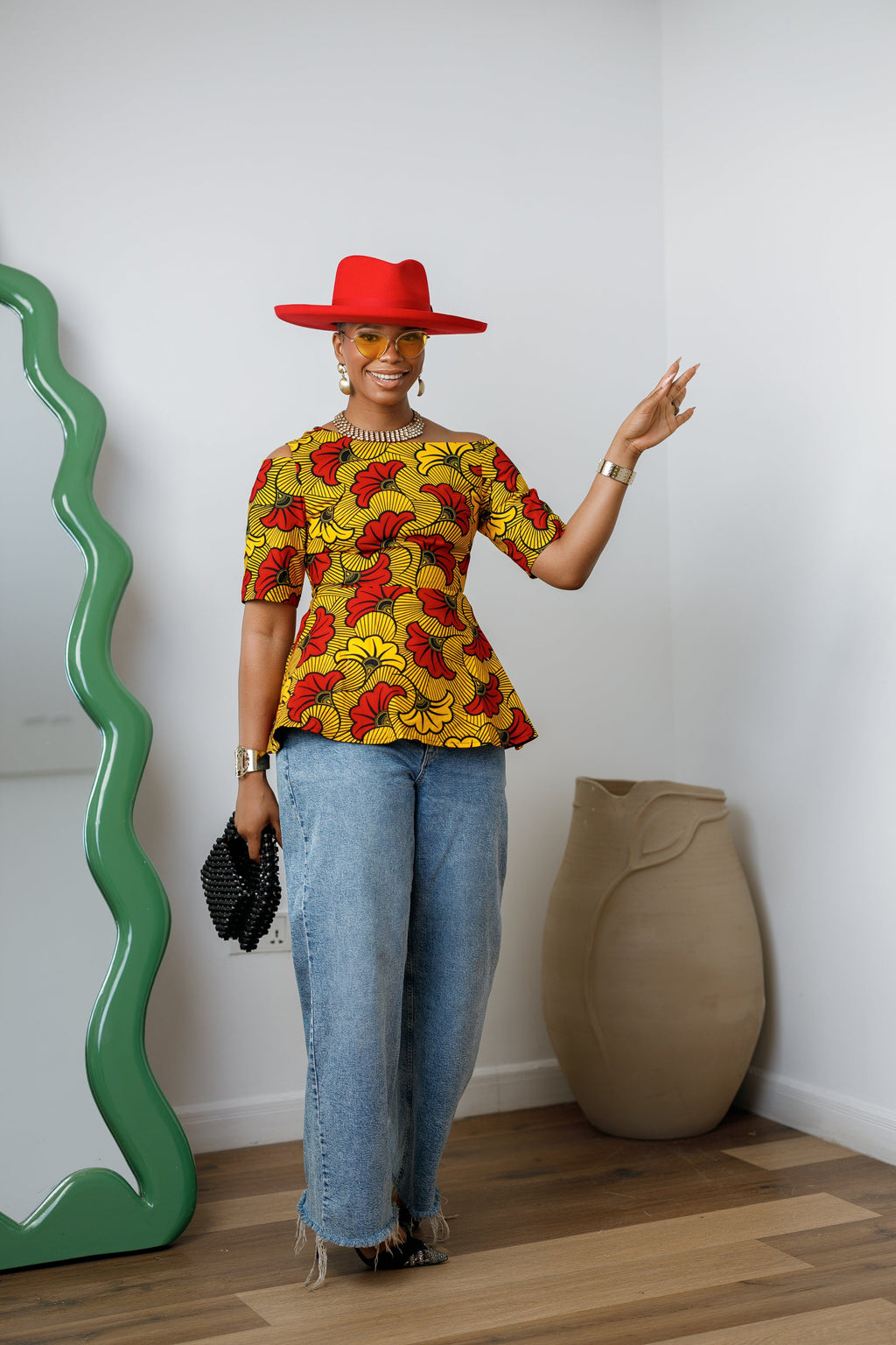 IMARA AFRICAN PRINT ASYMMETRIC PEPLUM TOP [ORANGE]