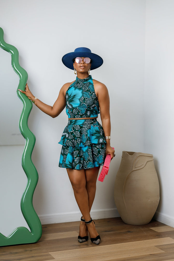 GBEMI AFRICAN PRINT TWO PIECE SKIRT SET [BLUE]