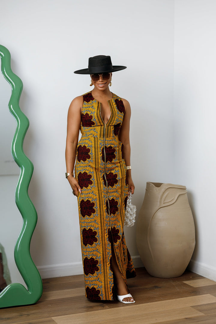 HALIMA AFRICAN PRINT MAXI FRONT ZIP DRESS [YELLOW]