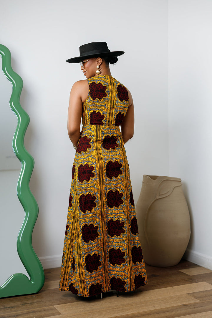 HALIMA AFRICAN PRINT MAXI FRONT ZIP DRESS [YELLOW]