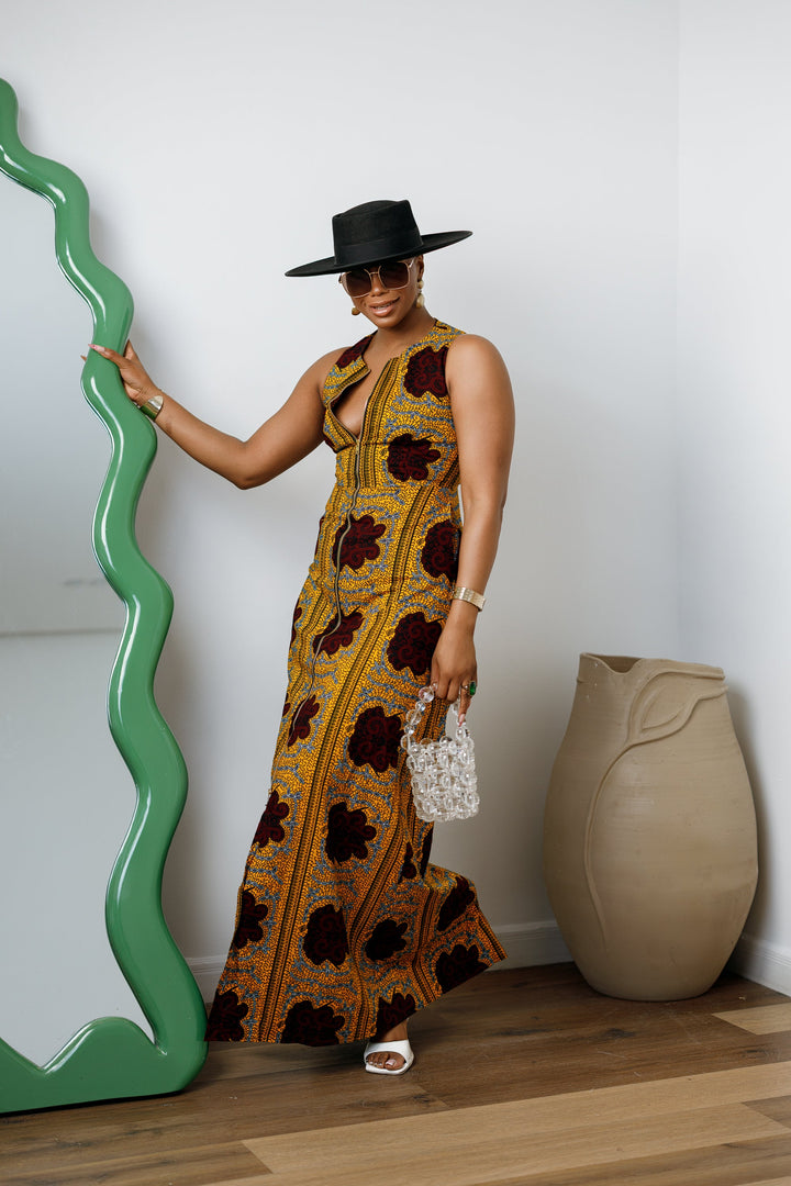 HALIMA AFRICAN PRINT MAXI FRONT ZIP DRESS [YELLOW]