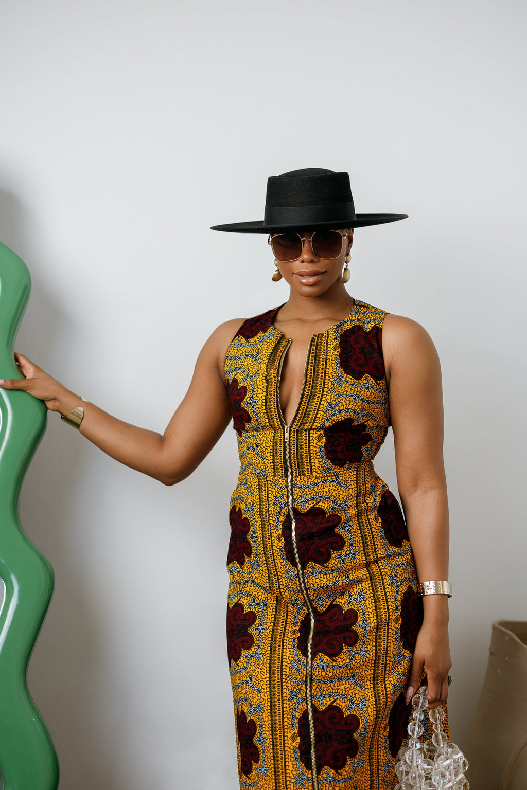 HALIMA AFRICAN PRINT MAXI FRONT ZIP DRESS [YELLOW]