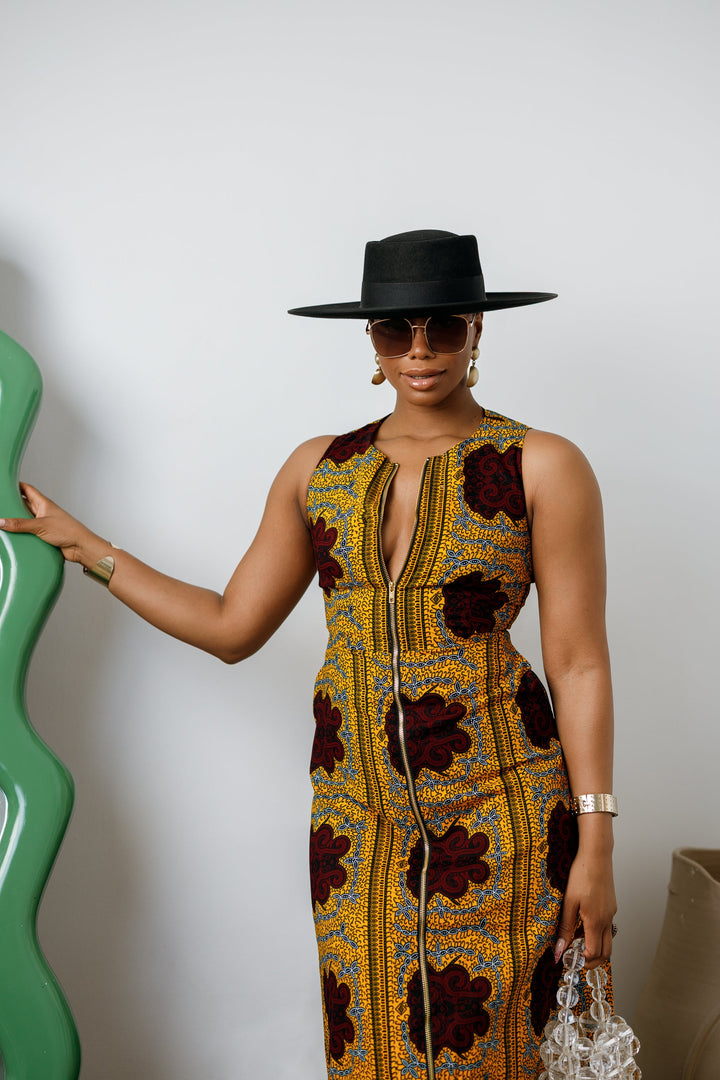 HALIMA AFRICAN PRINT MAXI FRONT ZIP DRESS [YELLOW]
