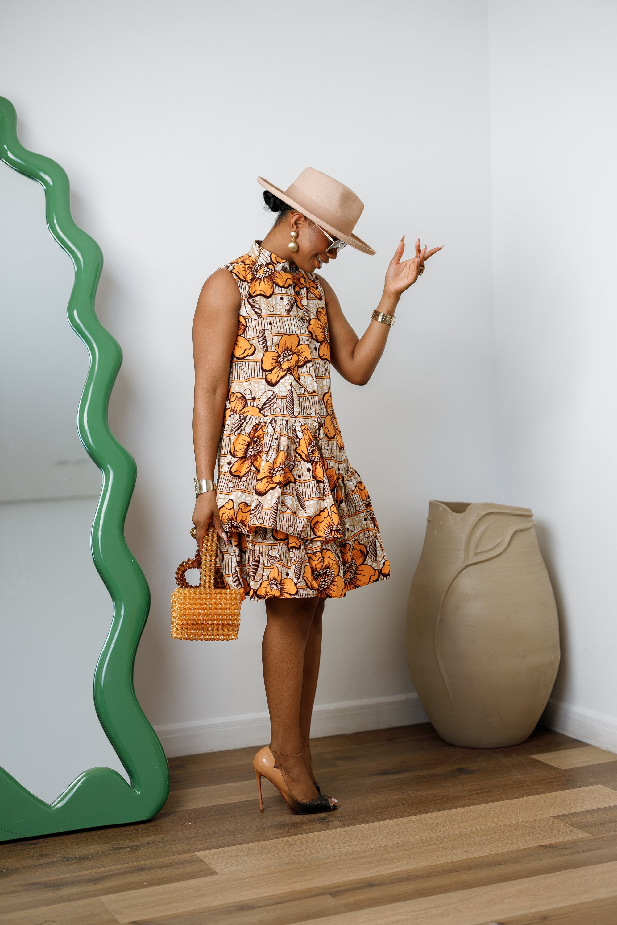 LAILA AFRICAN PRINT SLEEVELESS TIERED BUTTON DRESS
