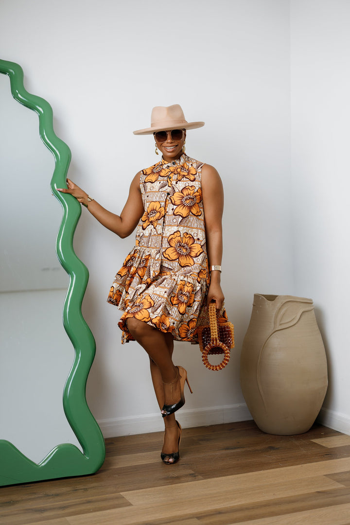 LAILA AFRICAN PRINT SLEEVELESS TIERED BUTTON DRESS