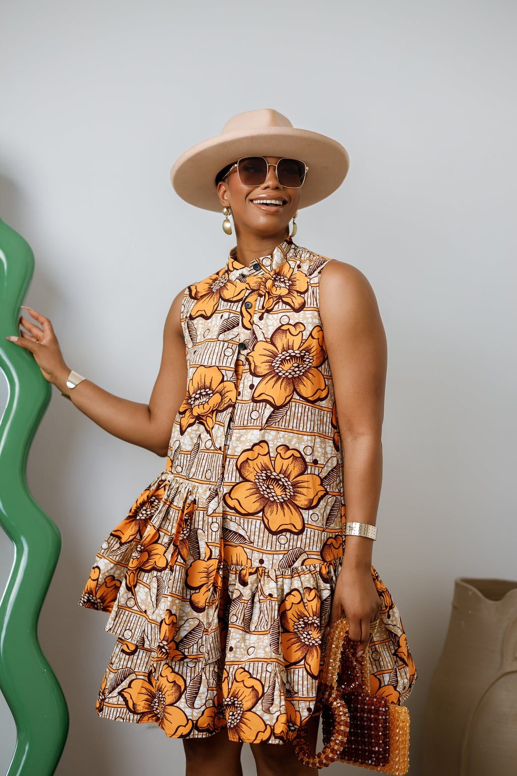 LAILA AFRICAN PRINT SLEEVELESS TIERED BUTTON DRESS