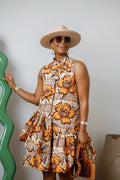 LAILA AFRICAN PRINT SLEEVELESS TIERED BUTTON DRESS