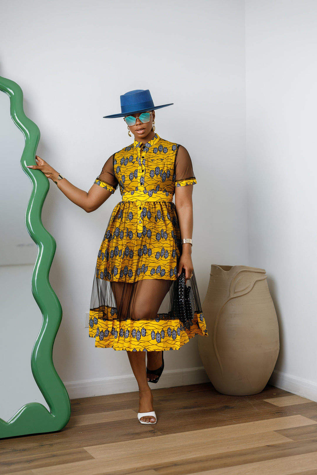 VALENTINA AFRICAN PRINT BUTTON MESH DRESS [YELLOW]