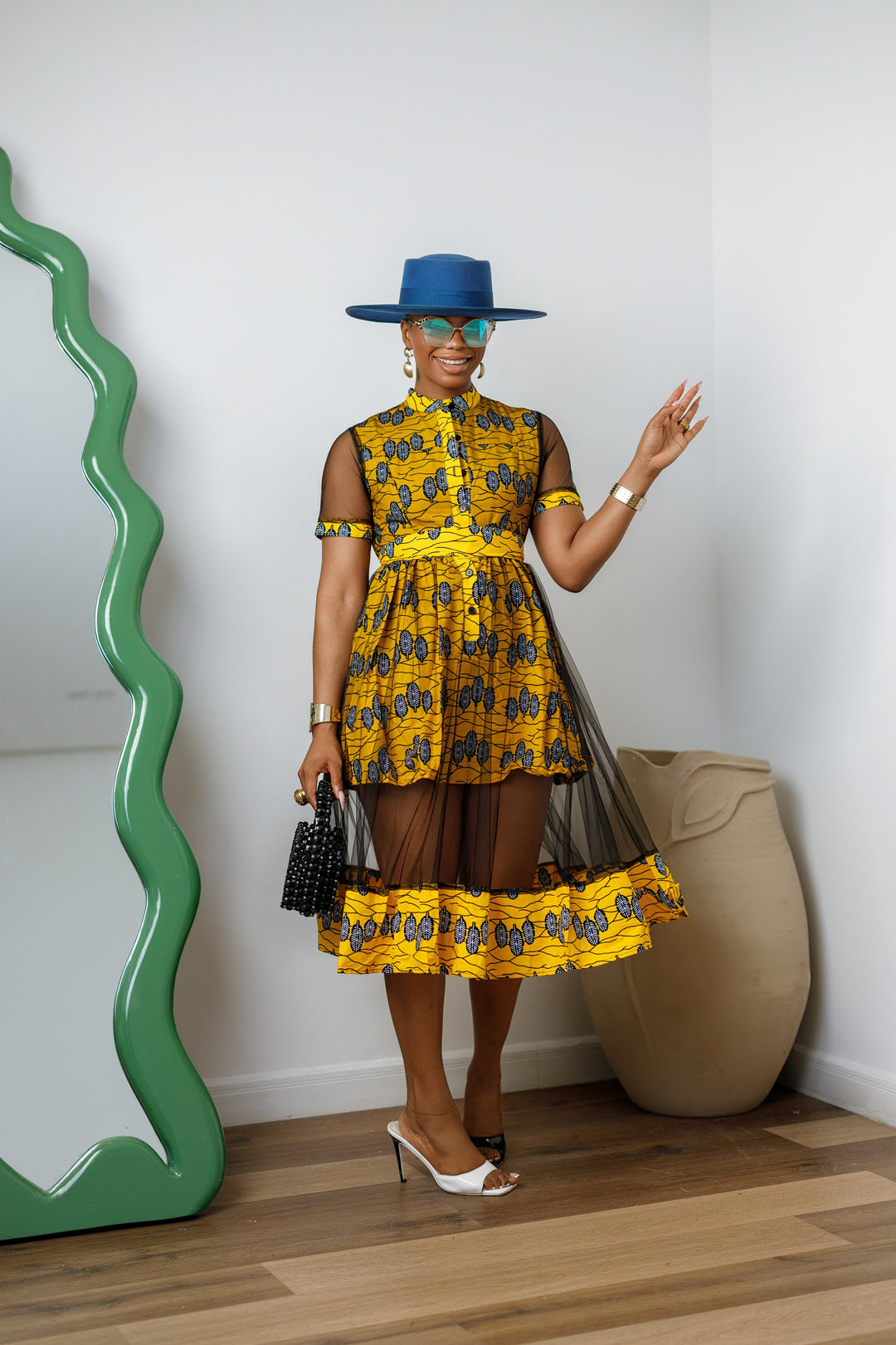 VALENTINA AFRICAN PRINT BUTTON MESH DRESS [YELLOW]