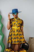 VALENTINA AFRICAN PRINT BUTTON MESH DRESS [YELLOW]