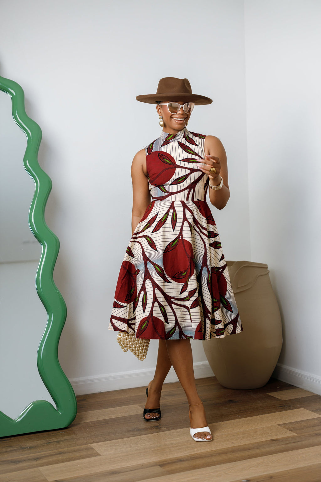 ZURI AFRICAN PRINT SLEEVELESS HIGH NECK MIDI DRESS [RED]