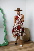 ZURI AFRICAN PRINT SLEEVELESS HIGH NECK MIDI DRESS [RED]
