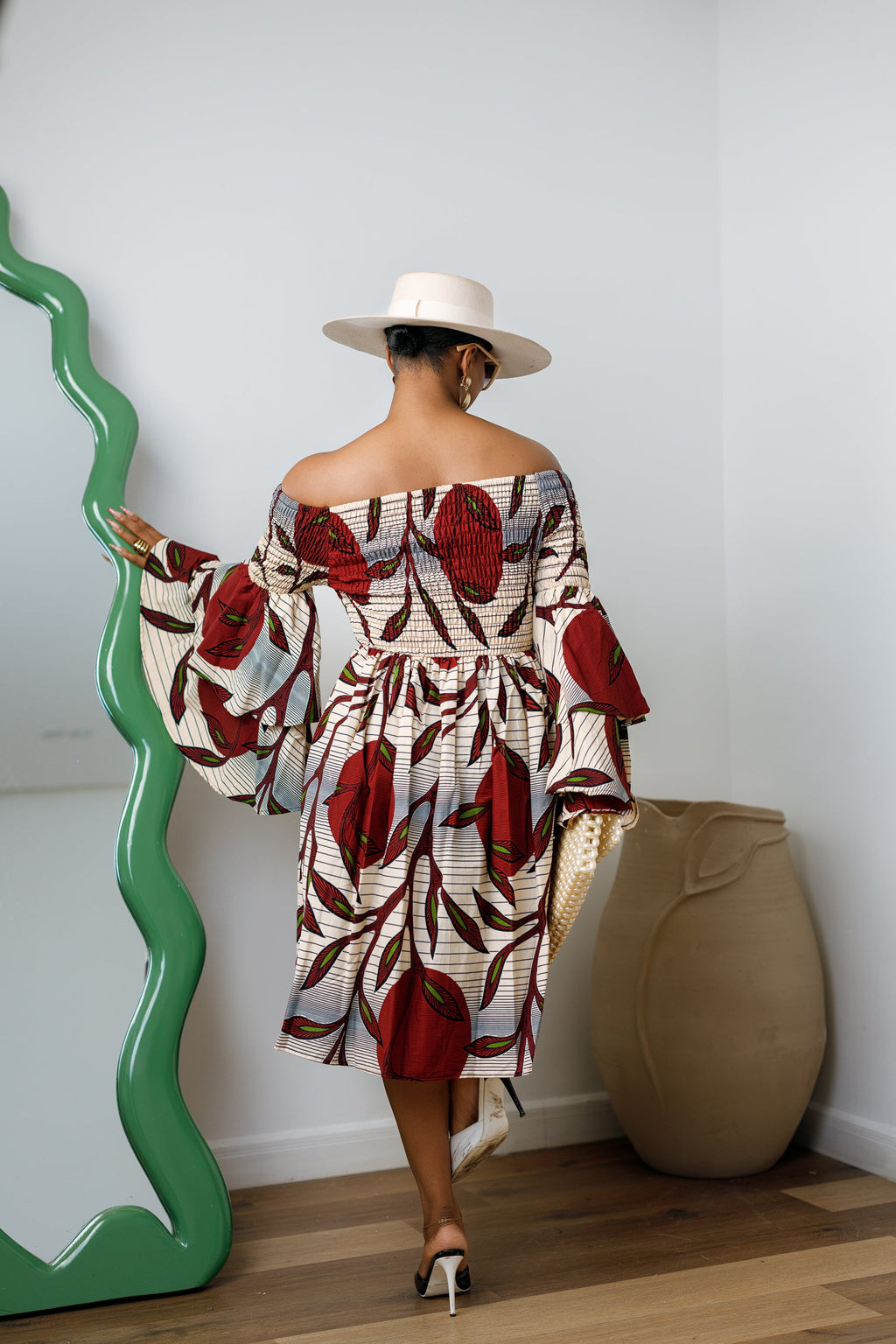 BISI AFRICAN PRINT SMOCKED OFF SHOULDER MIDI DRESS