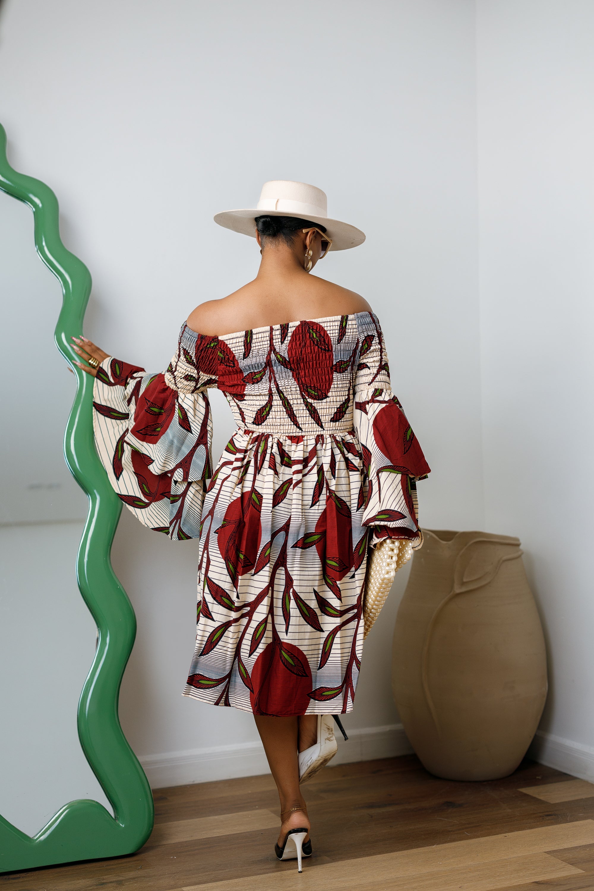 BISI AFRICAN PRINT SMOCKED OFF SHOULDER MIDI DRESS
