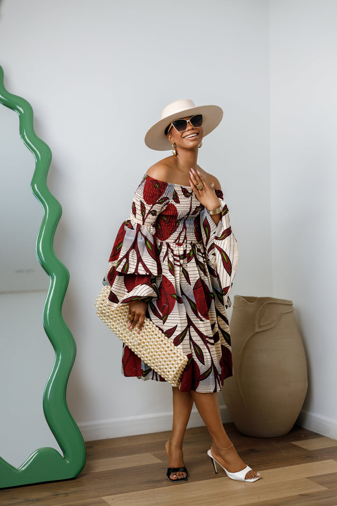BISI AFRICAN PRINT SMOCKED OFF SHOULDER MIDI DRESS