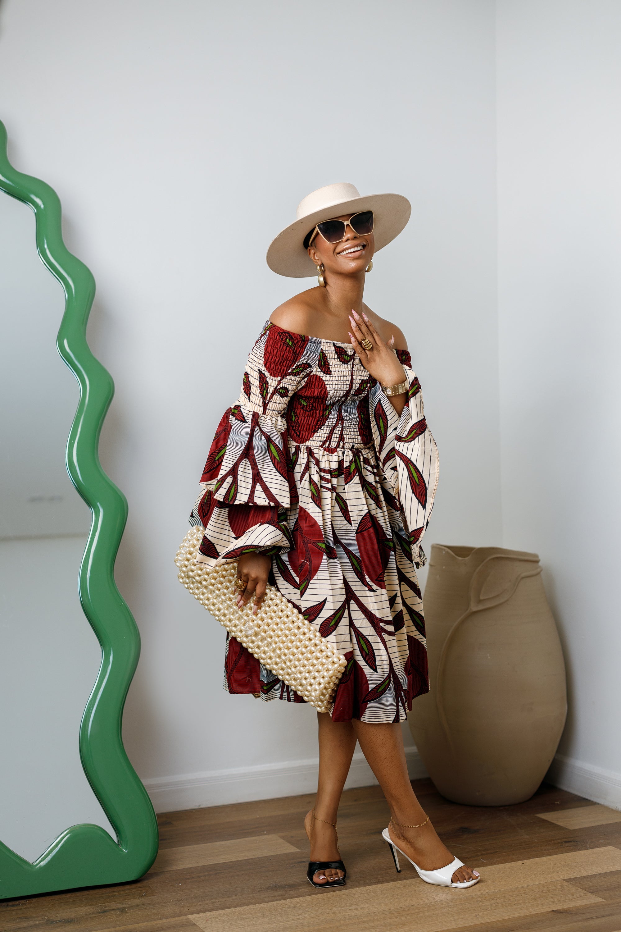 BISI AFRICAN PRINT SMOCKED OFF SHOULDER MIDI DRESS