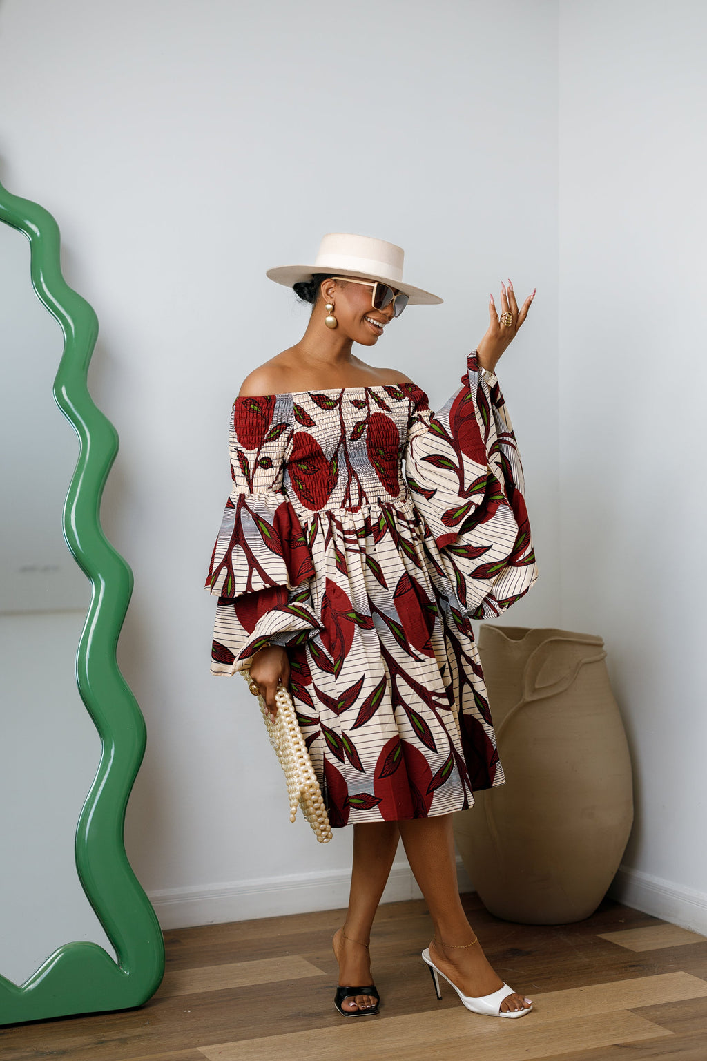BISI AFRICAN PRINT SMOCKED OFF SHOULDER MIDI DRESS