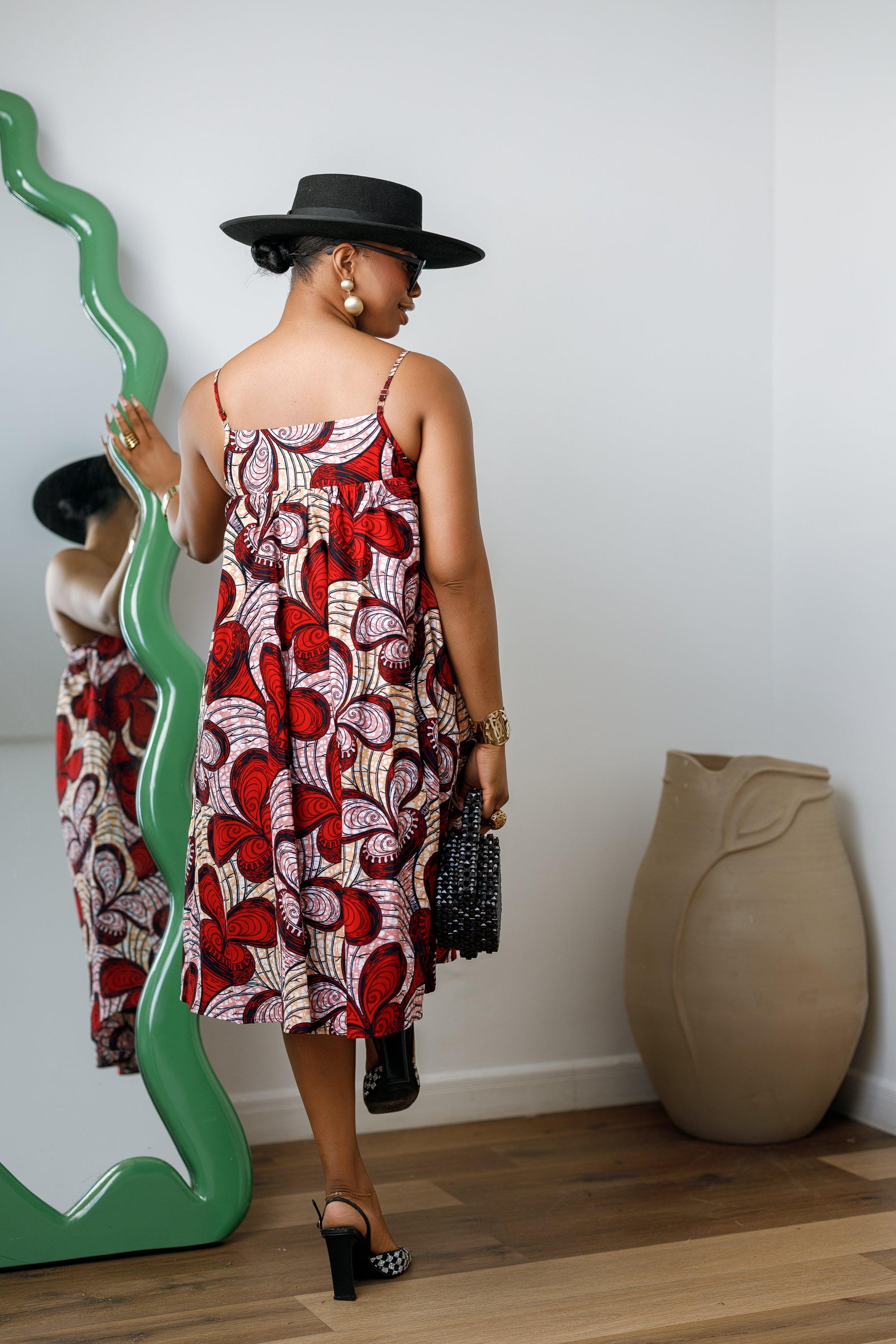 ELSIE AFRICAN PRINT SPAGHETTI STRAP MIDI DRESS [RED]