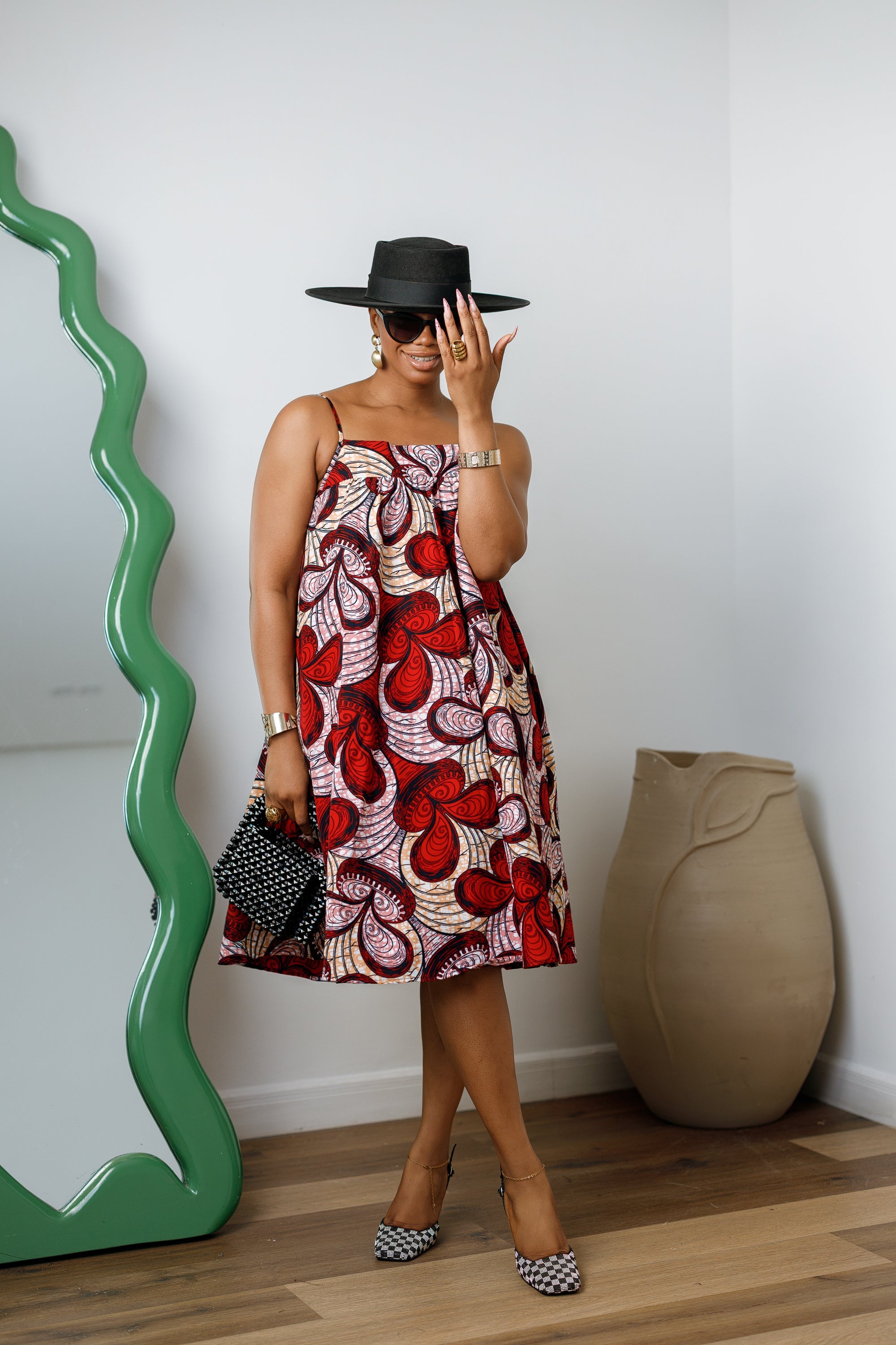 ELSIE AFRICAN PRINT SPAGHETTI STRAP MIDI DRESS [RED]