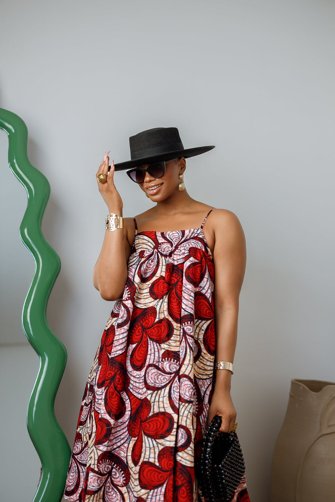 ELSIE AFRICAN PRINT SPAGHETTI STRAP MIDI DRESS [RED]