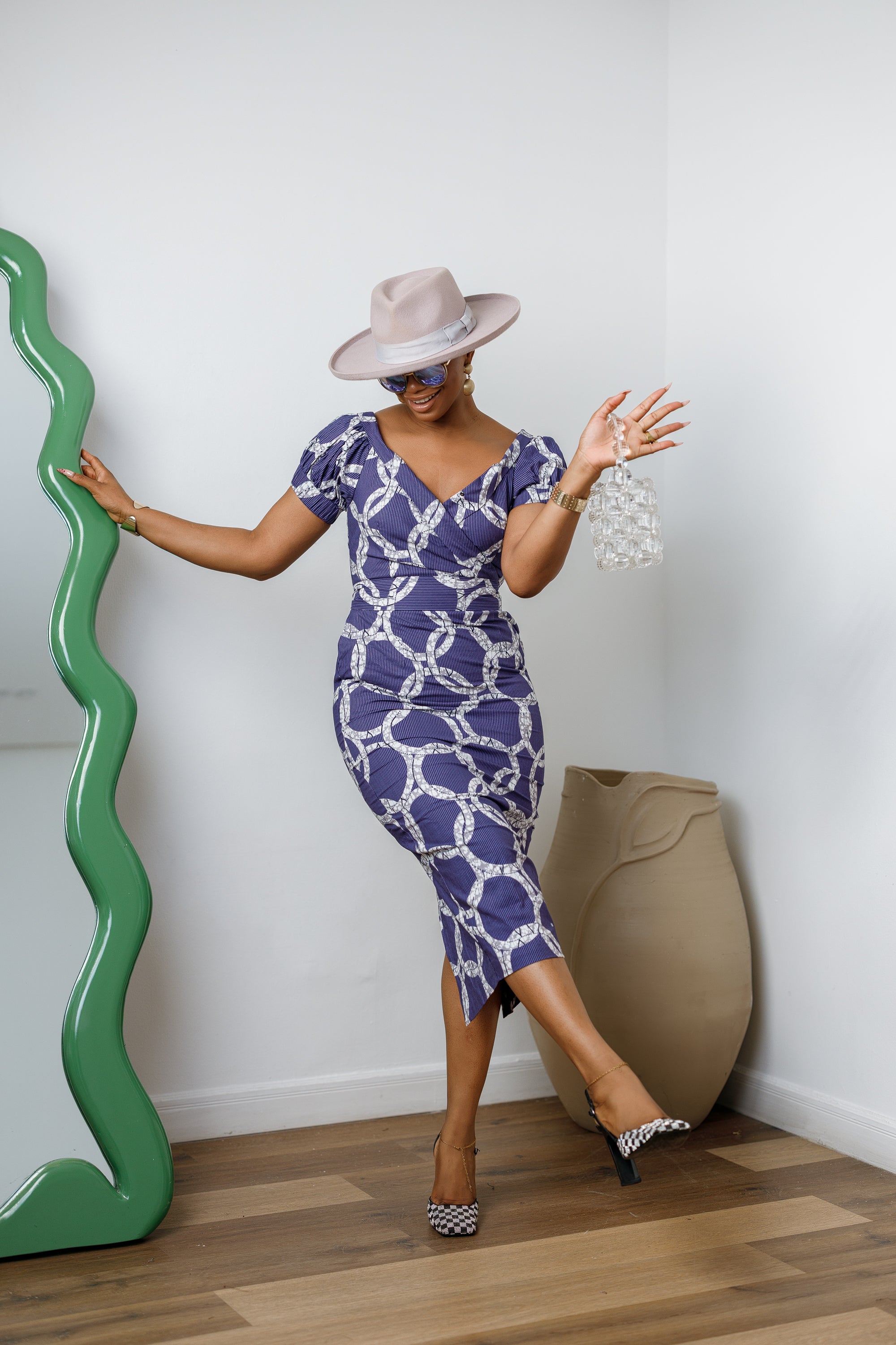 IDIA AFRICAN PRINT V-NECK PUFF SLEEVE MIDI DRESS