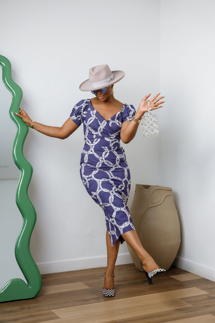 IDIA AFRICAN PRINT V-NECK PUFF SLEEVE MIDI DRESS