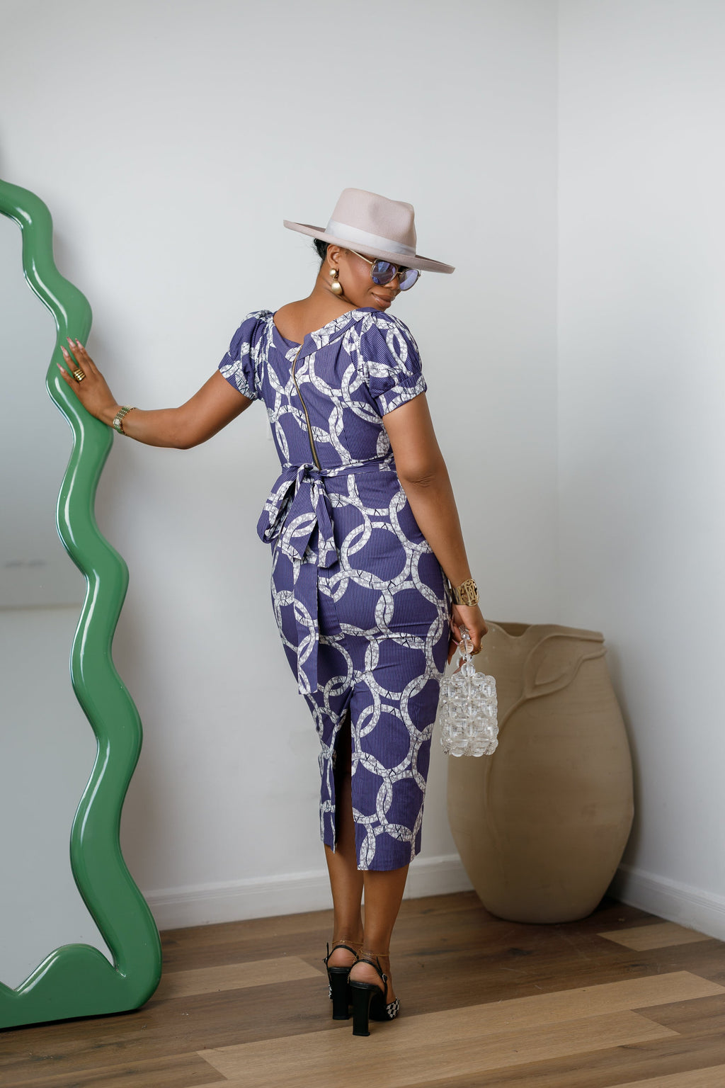 IDIA AFRICAN PRINT V-NECK PUFF SLEEVE MIDI DRESS