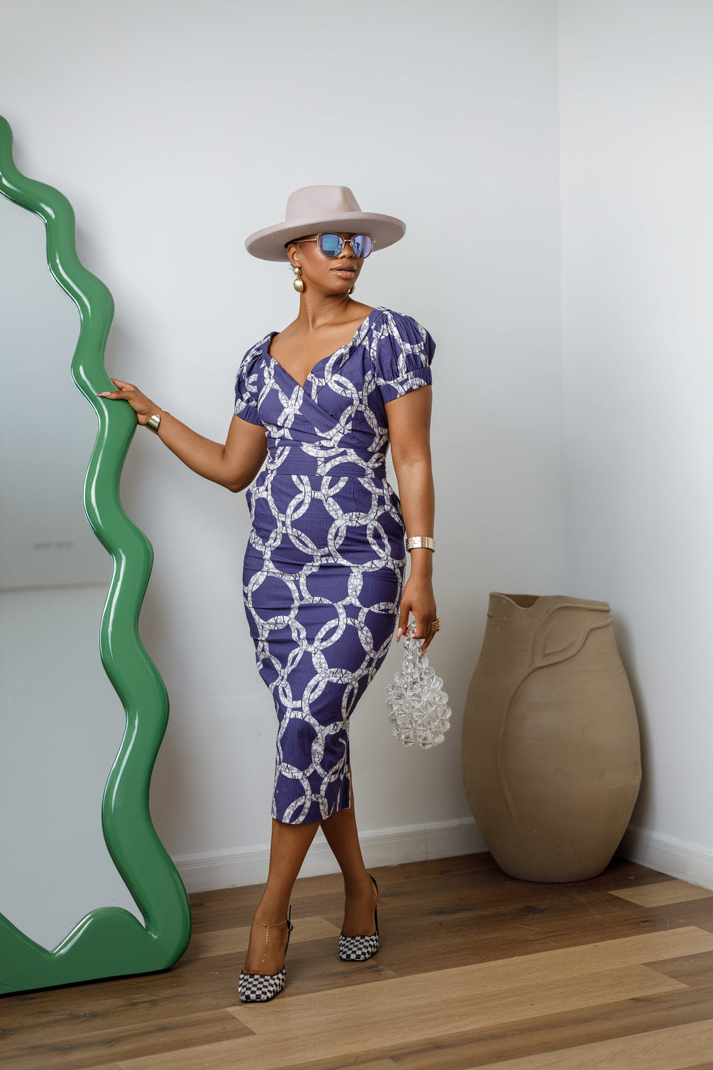 IDIA AFRICAN PRINT V-NECK PUFF SLEEVE MIDI DRESS