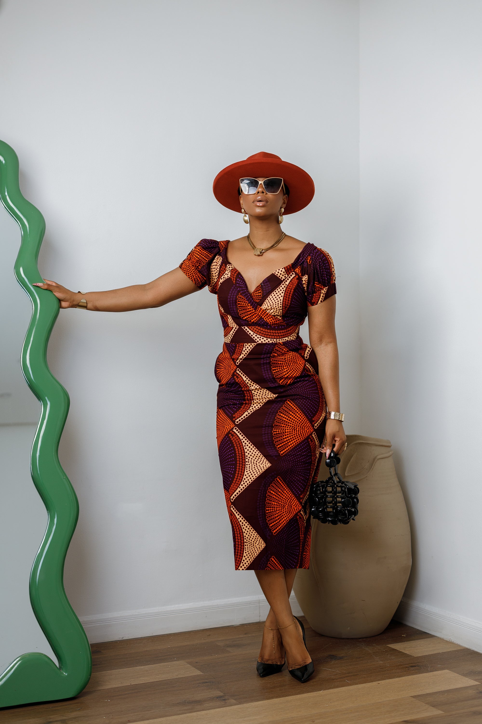 IDIA AFRICAN PRINT V-NECK PUFF SLEEVE MIDI DRESS [PURPLE]
