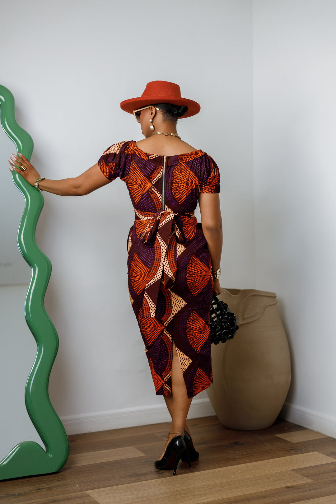 IDIA AFRICAN PRINT V-NECK PUFF SLEEVE MIDI DRESS [PURPLE]