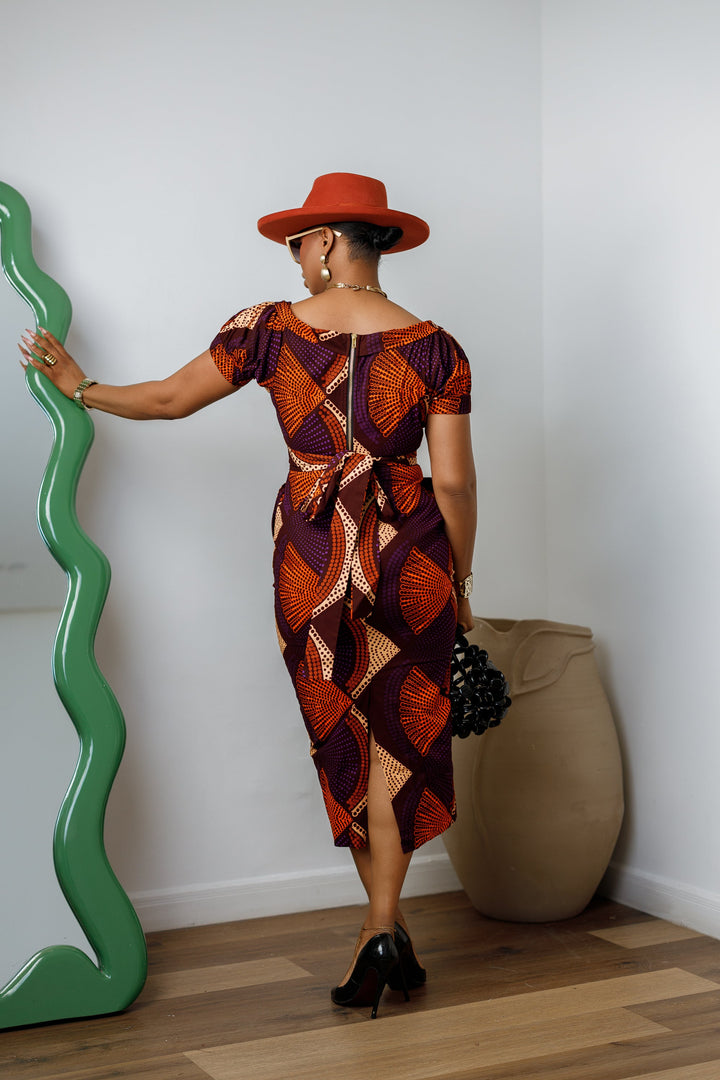IDIA AFRICAN PRINT V-NECK PUFF SLEEVE MIDI DRESS [PURPLE]
