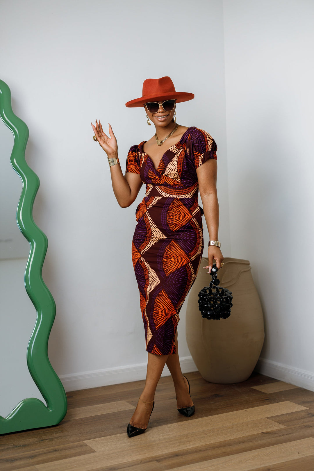 IDIA AFRICAN PRINT V-NECK PUFF SLEEVE MIDI DRESS [PURPLE]