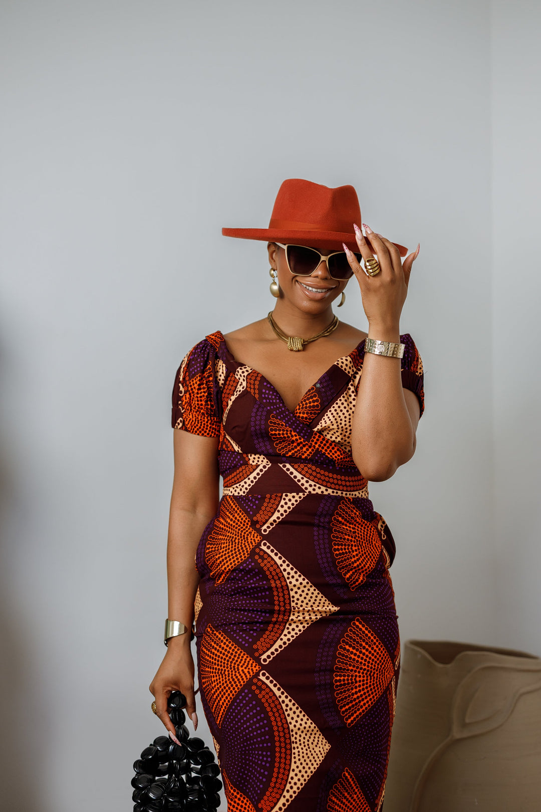 IDIA AFRICAN PRINT V-NECK PUFF SLEEVE MIDI DRESS [PURPLE]