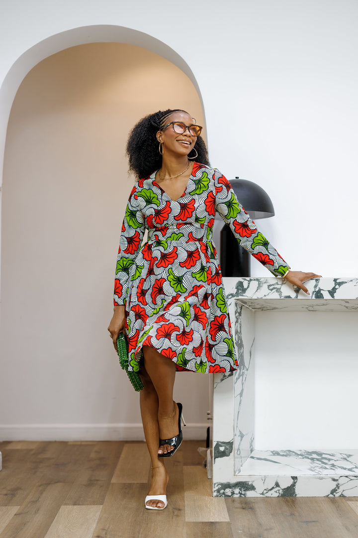 HIJA AFRICAN PRINT LONG SLEEVE MIDI DRESS [MULTICOLOR]----FINAL SALE