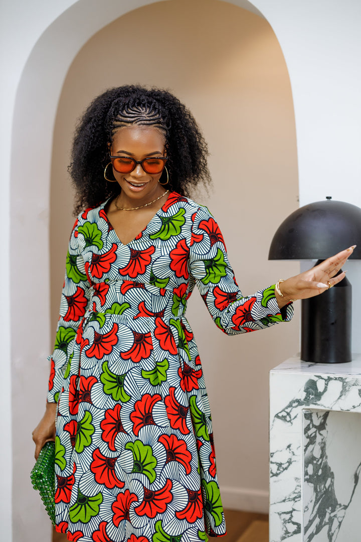 HIJA AFRICAN PRINT LONG SLEEVE MIDI DRESS [MULTICOLOR]----FINAL SALE