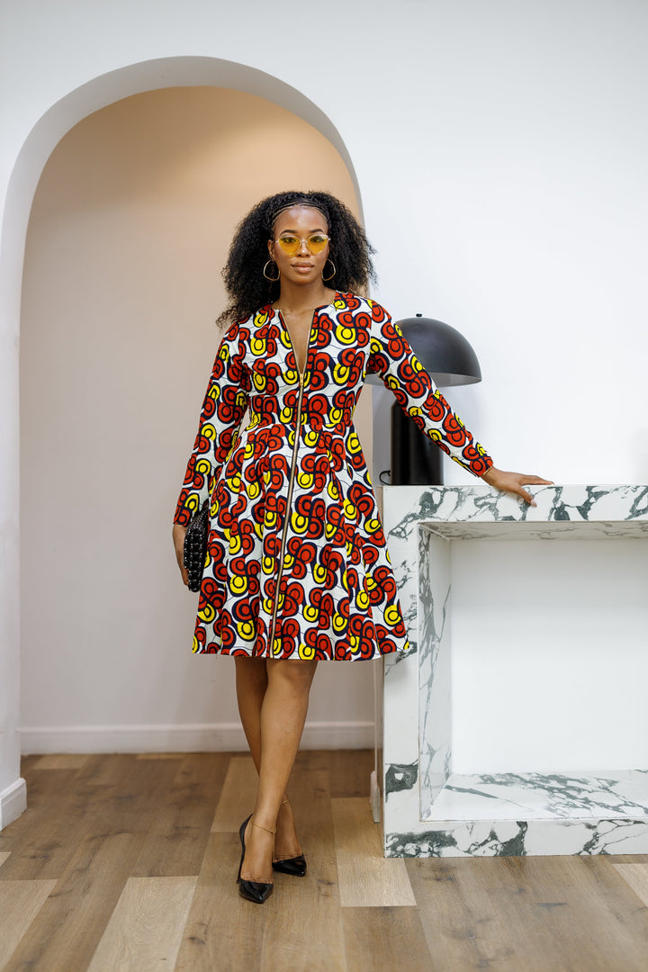 KEITA AFRICAN PRINT ZIP FRONT FLARE DRESS [MULTICOLOR]----FINAL SALE