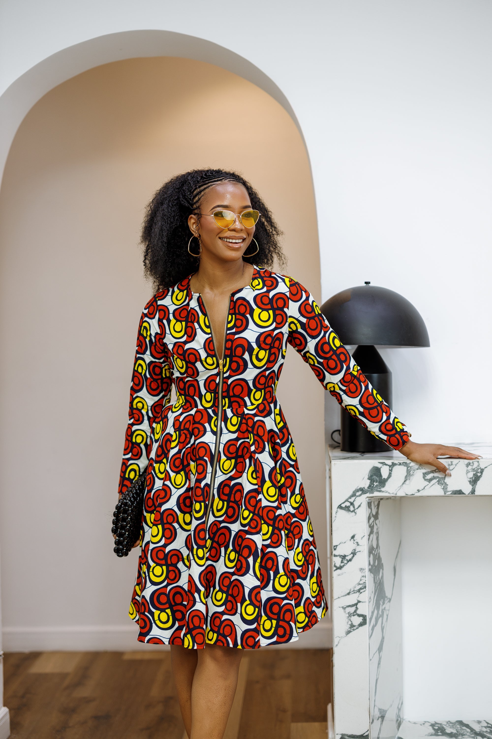 KEITA AFRICAN PRINT ZIP FRONT FLARE DRESS [MULTICOLOR]----FINAL SALE