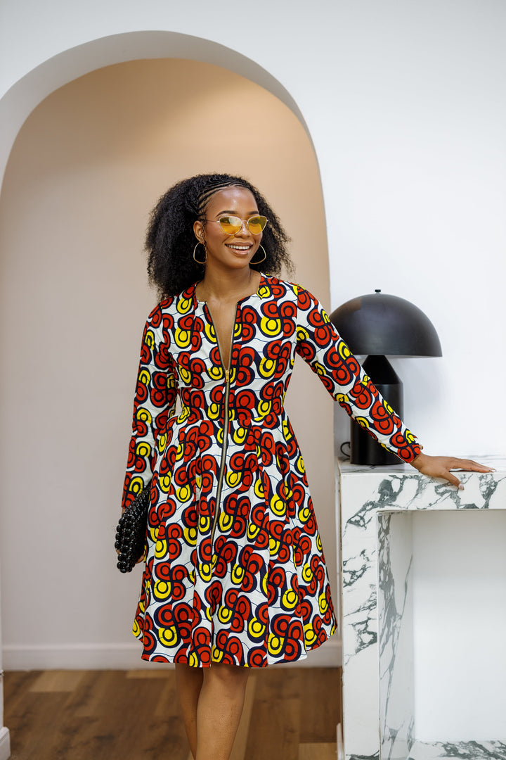 KEITA AFRICAN PRINT ZIP FRONT FLARE DRESS [MULTICOLOR]----FINAL SALE