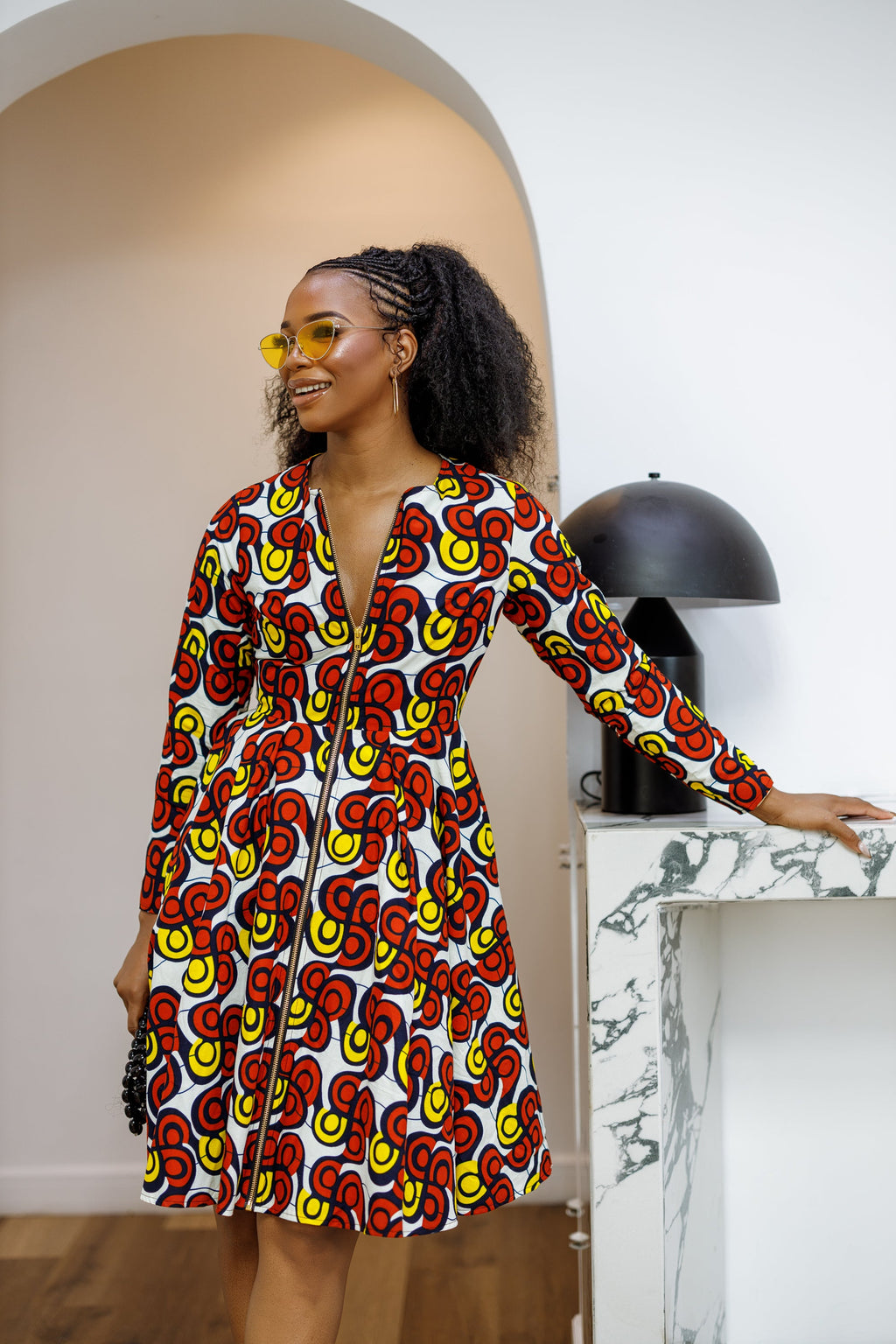 KEITA AFRICAN PRINT ZIP FRONT FLARE DRESS [MULTICOLOR]----FINAL SALE