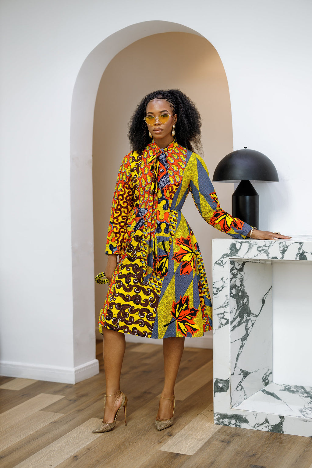 GILDA AFRICAN PRINT TIE-NECK MIDI DRESS [PATCHWORK]----FINAL SALE