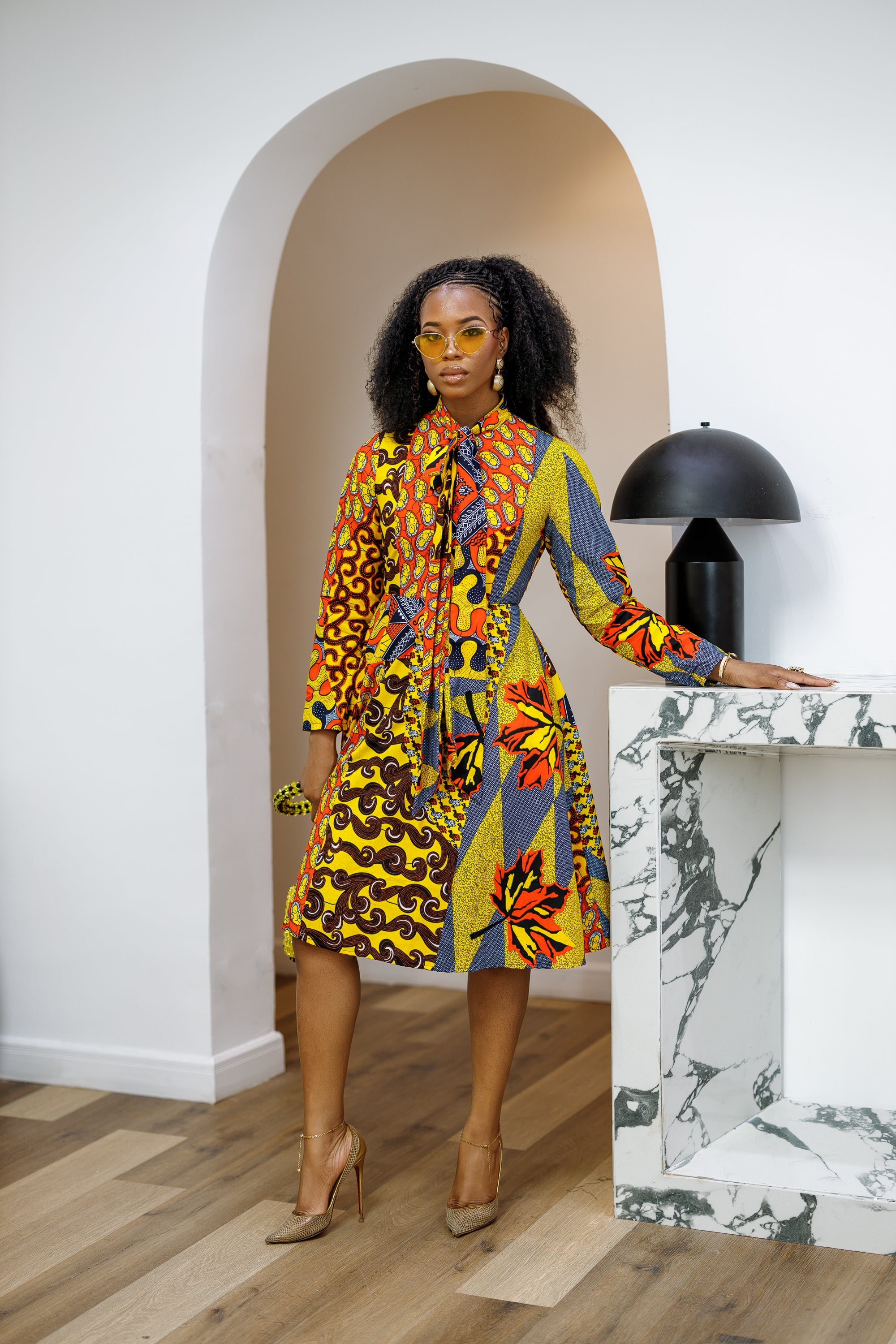 GILDA AFRICAN PRINT TIE-NECK MIDI DRESS [PATCHWORK]----FINAL SALE
