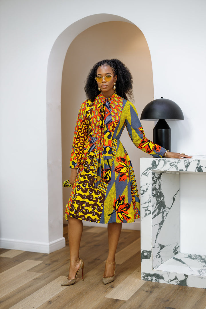 GILDA AFRICAN PRINT TIE-NECK MIDI DRESS [PATCHWORK]----FINAL SALE