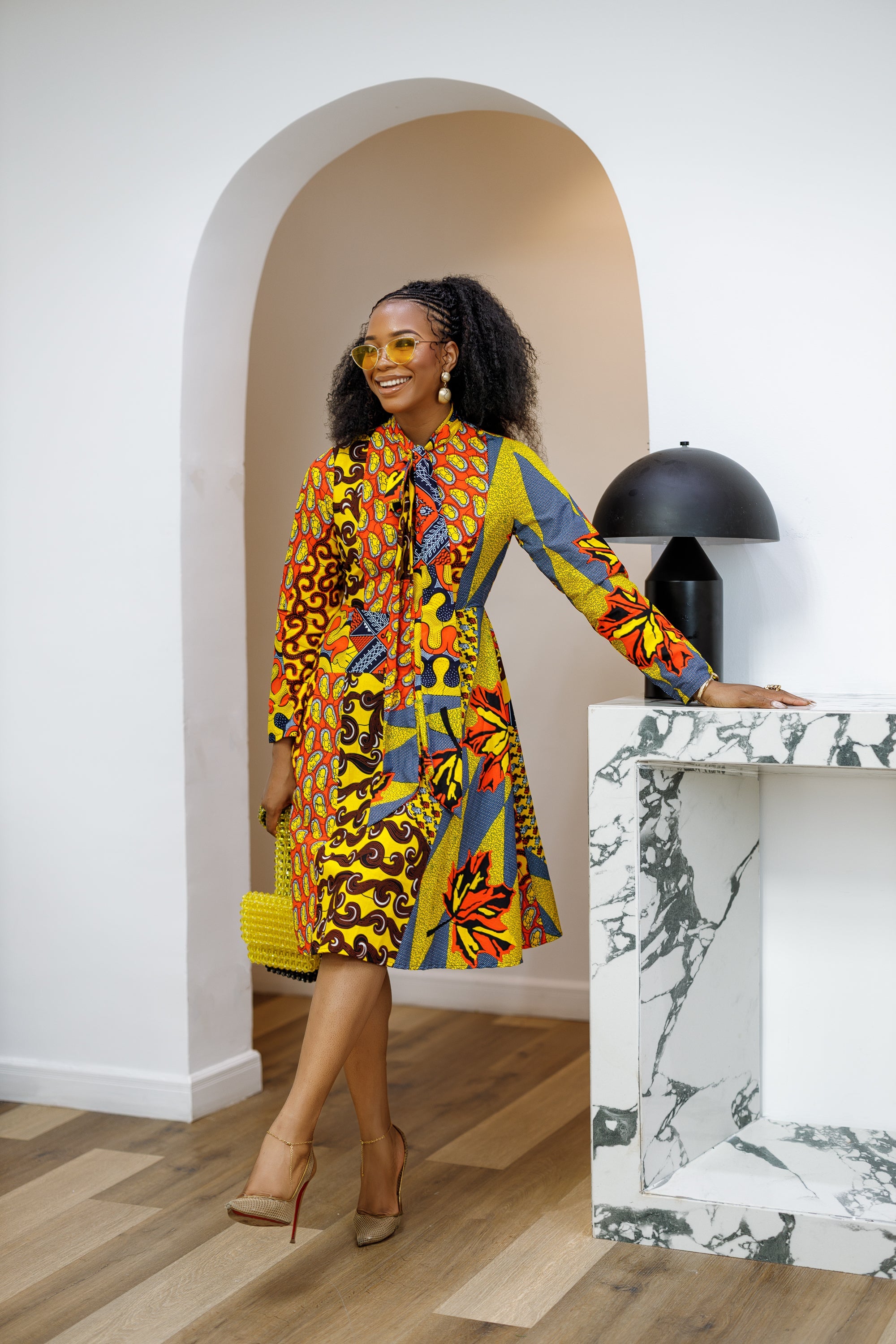 GILDA AFRICAN PRINT TIE-NECK MIDI DRESS [PATCHWORK]----FINAL SALE