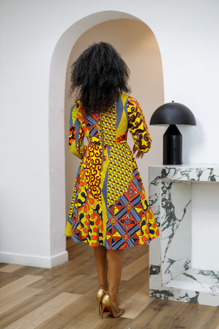 GILDA AFRICAN PRINT TIE-NECK MIDI DRESS [PATCHWORK]----FINAL SALE
