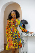 GILDA AFRICAN PRINT TIE-NECK MIDI DRESS [PATCHWORK]----FINAL SALE